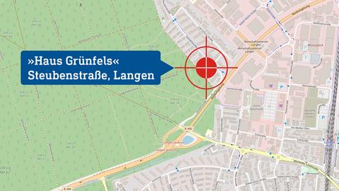 Lageplan Frankfurt mit Markierung des Drehortes „Haus Grünfels“