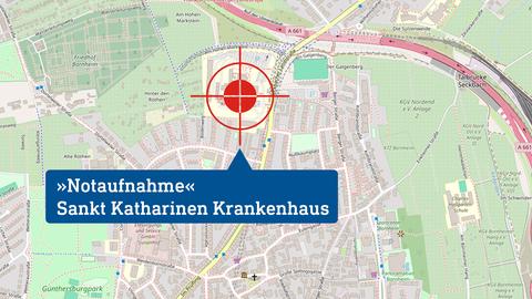 Verortungskarte Frankfurt mit Markierung Drehort »Notaufnahme«