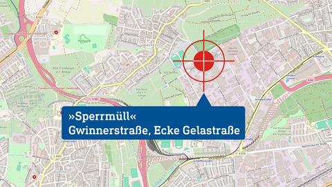 Lageplan Frankfurt mit Markierung des Drehortes „Sperrmüll“