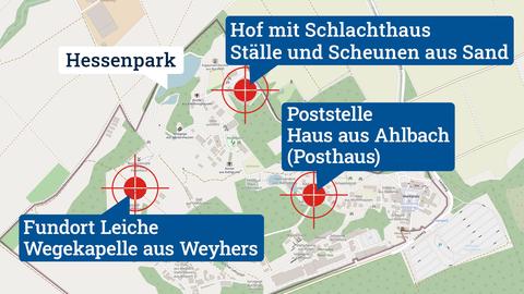 Karte, die den "Hessenpark" zeigt. Darauf Textblasen mit "Hessenpark", "Fundort Leiche - Wegekapelle aus Weyhers", "Poststelle - Haus am Ahlbach (Posthaus)", "Hof mit Schlachthaus - Ställe und Scheunen aus Sand"