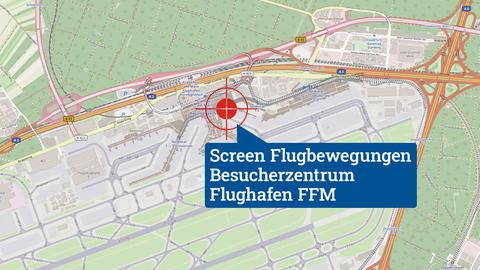 Karte, die den Flughafen Frankfurt zeigt. Darauf eine Textblase mit "Screen Flugbewegungen - Besucherzentrum Flughafen Frankfurt".