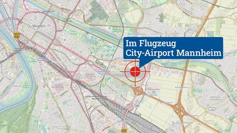 Karte, die den Innenstadtbereich von Mannheim zeigt. Darauf eine Textblase mit "Im Flugzeug - City Airport Mannheim".