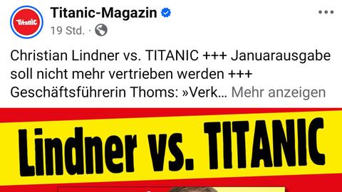 Ein Magazincover mit dem Titel "Lindner vs. TITANIC". Darauf sind eine Frau und ein Mann abgebildet. Im Vordergrund ist ein Ultraschallbild mit einem roten Balken, auf dem "Baby-Glück im Eimer" steht. Darunter der Text: "Es wird ein Low Performer!". Oben und unten sind rote Balken mit gelber Schrift. Oben steht der Titel "Titanic - Das endgültige Satiremagazin". Auf der rechten Seite sind Preisinformationen für Deutschland, Österreich und die Schweiz zu sehen.