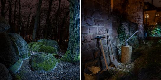 Links bemooste Steine im Wald. Rechts einer Axt steckt in einem Holzblock, daneben Schaufel und Hacke.