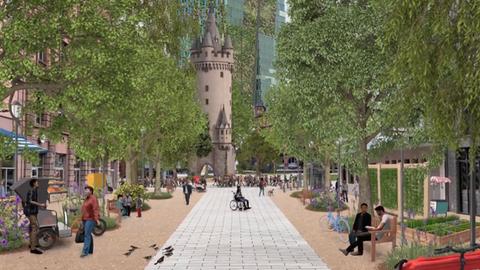 Das Bild zeigt eine Visualisierung des Eschenheimer Tors in Frankfurt mit dem charakteristischen Turm im Hintergrund. Zu sehen ist eine Parkanlage mit Bäumen, mit Blumen bepflanzten Beeten und Sitzmöglichkeiten. Menschen sitzen und stehen am Wegesrand.