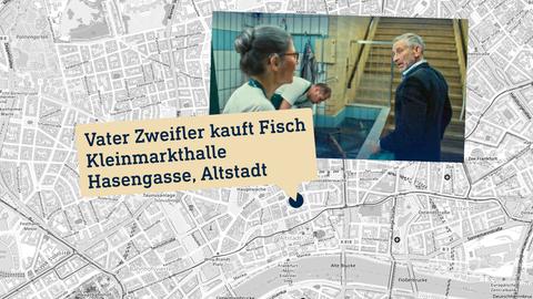 Kartenausschnitt von Frankfurt mit einer Lokalisierung eines Ortes mit Adresse und einem Szenenfoto daneben.