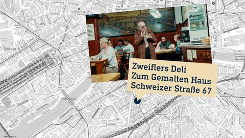 Kartenausschnitt von Frankfurt mit einer Lokalisierung eines Ortes mit Adresse und einem Szenenfoto daneben.