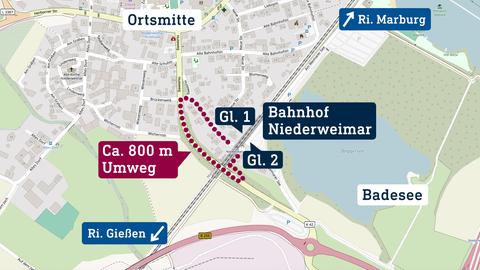 Kartenausschnnit mit Fokus auf den Bahnhof Niederweimar. Ein Umweg in der Länge von ca. 800m, um von einem Gleis auf das andere zu kommen, ist gepunktet eingezeichnet.