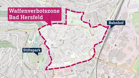 Auf einer Karte der Bad Hersfelder Innenstadt ist ein Bereich eingezeichnet und beschriftet mit "Waffenverbotszone".