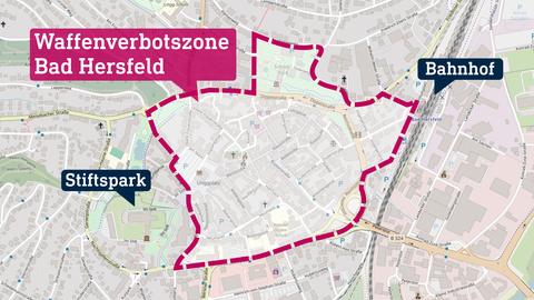 Auf einer Karte der Bad Hersfelder Innenstadt ist ein Bereich eingezeichnet und beschriftet mit "Waffenverbotszone".