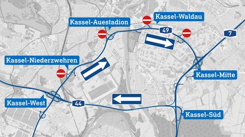 Eine Karte der Gegend um Kassel zeigt, welche Autobahnen nur als Einbahnstraße zu befahren sein werden.