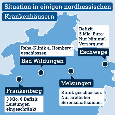 Kartenausschnitt von Nordhessen mit den Städten Eschwege, Melsungen und Frankenberg. 