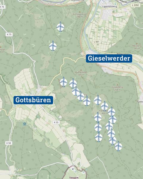 Kartenausschnitt Nordhessen, in welchen mit jeweils einem Icon Standorte von Windrädern eingezeichnet sind. Auch die Ortsbezeichnungen "Gottsbüren und "Gieselwerder" sind zu sehen.