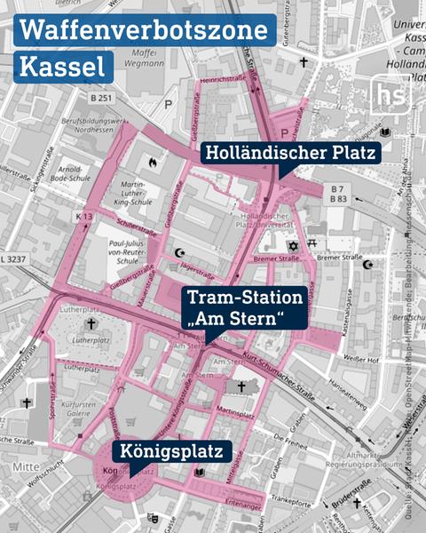 Die Karte zeigt eingefärbt einen Bereich an. Markiert sind zudem "Königsplatz", "Tram-Station 'Am Stern' und "Holländischer Platz"