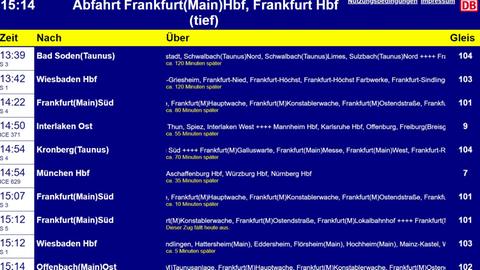 Anzeigetafel am Bahnhof mit verschiedenen Zielen und den jeweiligen Verspätungsangaben. 