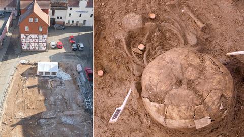 Links im Bild Nikolaiplatz in Schwege von oben und rechts im Bild Ausgrabungsdetail mit Schädel und Rippenknochen