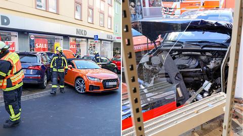 Zwei Fotos nebeneinander: links zwei Autos, die verunfallt auf dem Bürgersteig vor einem Laden stehen, daneben Feuerwehr und Rettungswagen. Rechts: Blick von innen durch eine kaputte Schaufensterscheibe auf ein Auto an der Hauswand.