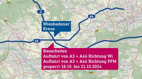 Kartenausschnitt Bereich zwischen Wiesbaden und Frankfurt. Autobahnen A3 und A66 sind eingezeichnet sowie ein Vermerk auf eine Sperung der Auffahrten. 