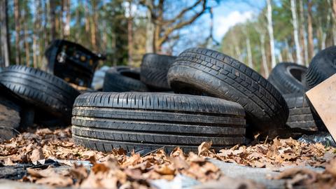 Illegal entsorgte Autoreifen liegen auf Waldboden