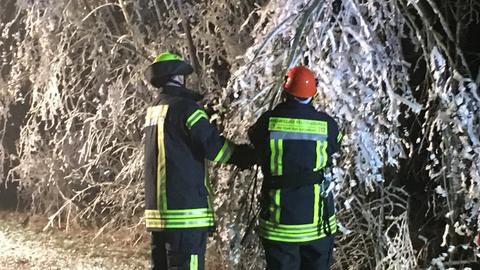 Feuerwehrleute entfernen Äste, bei denen Eisbruch droht.