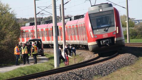 Stehende S-Bahn, Einsatzkräfte, liegendes weißes Pferd.