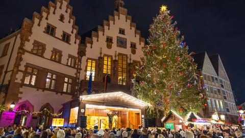 Vor einem Rathausgebäude, dem Römer in Frankfurt, steht ein unter anderem mit leuchtenden Blaulichtern geschmückter, großer Weihnachtsbaum