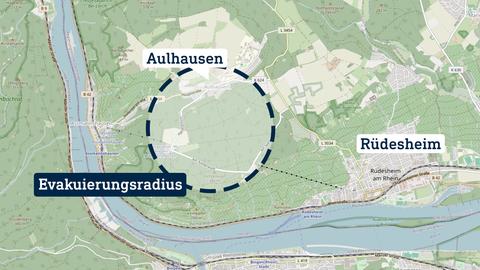 Die Karte zeigt einen Bereich zwischen Rüdesheim und Assmannshausen. In der Mitte ist ein Kreis mit der Beschriftung "Evakuierungsradius" eingezeichnet.