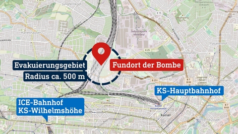 Auf einer Karte ist der Fundort einer Bombe eingezeichnet