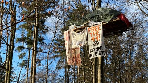 Die Besetzer haben sich in luftiger Höhe eine Plattform an einen Baum gebaut und eine Zeltplane darüber gespannt.