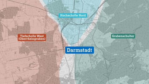 Auf einer Karte von Darmstadt sind drei verschiedene Gebiete eingezeichnet