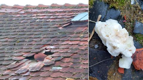 Links im Bild sieht man ein Ziegeldach mit Einschlagloch, rechts den Eisblock der dies verursacht hat