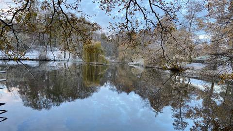 Schlossteich von Bad Arolsen ist eingeschneit, das Wasser aber noch nicht gefroren