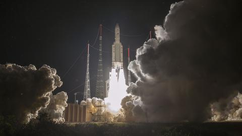 The Ariane 5 rocket with BepiColombo on board departs from the launch pad in Kourou, French Guiana.