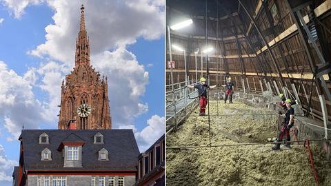 Fotokombination: links Spitze des Frankfurter Doms von außen; rechts Einsatzkräfte der Feuerwehr stehen im Dachstuhl des Doms.