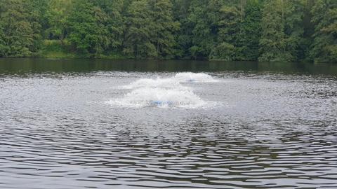 Durch Wasserpumpen wird Sauerstoff eingeleitet. Auf dem Teich sind an der Wasseroberfläche sprudelnde Luftblasen zu sehen. 