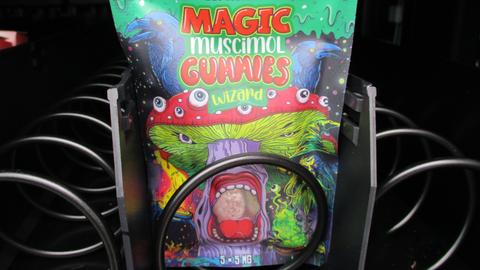 Eine Packung "Magic Muscimol Gummies" mit Fliegenpilzgift-Gummibärchen