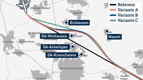 Auf einer Karte sind Orte südlich von Frankfurt eingezeichnet und dazwischen Linien in verschiedenen Farben, die von einer Legende mit "Variante A-C" und "Referenz" erklärt werden.