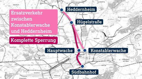 Karte des Gebiets zwischen Frankfurt Nord und Frankfurt Süd mit den Orten Südbahnhof, Konstablerwache, Hügelstraße, Heddernheim sowie der eingezeichneten Route dazwischen.