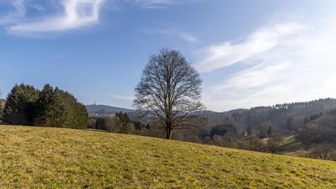 Die Sonne scheint auf die Landschaft bei Schmitten-Seelenberg im Taunus