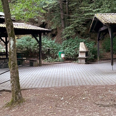 Zwei Holzunterstände im Wald, ein gemauerter Grill steht in der Mitte.