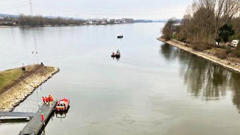 4 Erkundungsboote tuckern im Schiersteiner Hafen. Ein leichter heller Schleier ist auf dem Wasser zu sehen. 