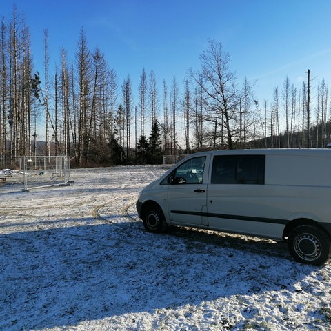 Eine Wiese in Haiger, auf der ein Kleinbus parkt.