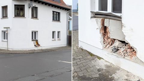 Kombination aus zwei Fotos: links aus der Ferne ein Wohnhaus, wo die Außenmauer unter einem Fenster weggebrochen ist, rechts eine Nahaufnahme davon.