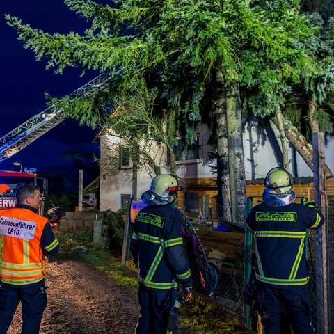 Feuerwehrleute bei dem Einsatz in Weiterstadt: Ein großer Baum liegt auf dem Dach eines Wohnhauses. 