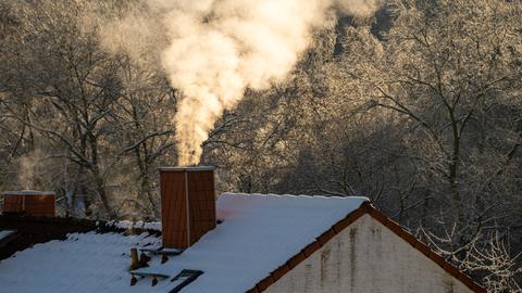 Rauch quillt aus einem Schornstein eines Einfamilienhauses neben einem Wald.