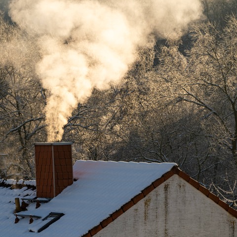 Rauch quillt aus einem Schornstein eines Einfamilienhauses neben einem Wald.