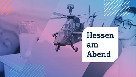 Collage aus drei Fotos: Links sehen wir ein Glas mit Wasser und einer sprudelnden Kopfschmerztablette, im Hintergrund ruht eine Frau. In der Mitte fliegt ein Tiger Kampfhubschrauber der Bundeswehr. Ganz rechts ist die Sängerin Nina zu sehen.