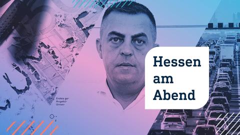 Collage aus drei Fotos: links die Worte "Cum-Ex" in einen 500 Euro-Schein geritzt; in der Mitte ein Portrait eines Mannes; rechts ein Stau auf einer Autobahn mit der Skyline von Frankfurt im Hintergund. Im Vordergrund die Aufschrift "Hessen am Abend" in einer weißen Blase.