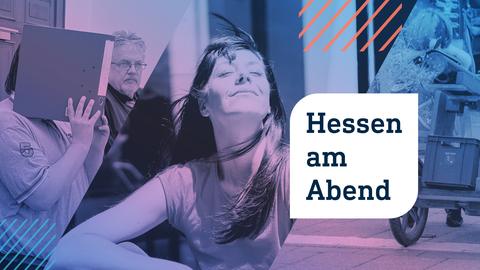 Collage aus drei Fotos: links ein verurteilter Mörder der in Sicherungsverwahrung muss und sein Gesicht hinter einem Aktenordner verbirgt. In der Mitte eine Frau, die ihr Gesicht genußvoll der Sonne zuwendet. Ganz rechts die Fuldaer Konfetti Kanone vom Rosenmontagsumzug.Im Vordergrund die Aufschrift "Hessen am Abend" in einem weißen Rechteck.