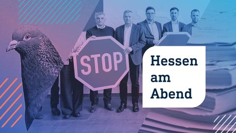 Collage aus drei Fotos:eine Taube vor blauem Himmel; in der Mitte Bürgermeister aus dem Kreis Groß-Gerau stehen nebeineinander und halten Stopp-Schilder hoch; rechts ein Stapel Akten